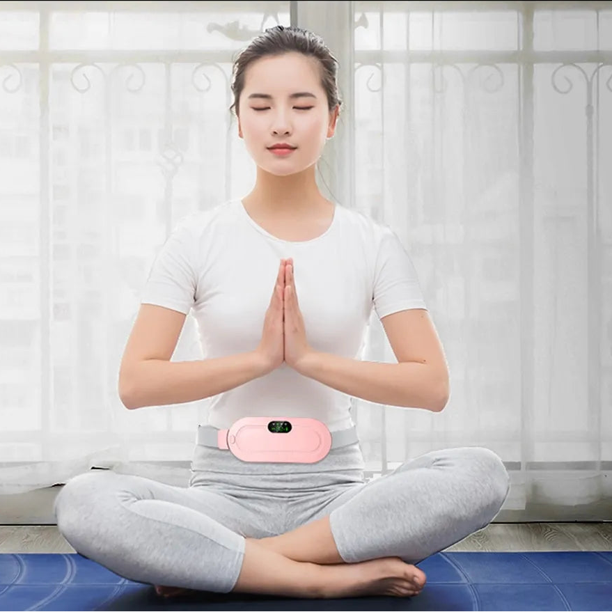 Woman meditating with a pink device on her waist, text about NTC intelligent system and temperature control.
